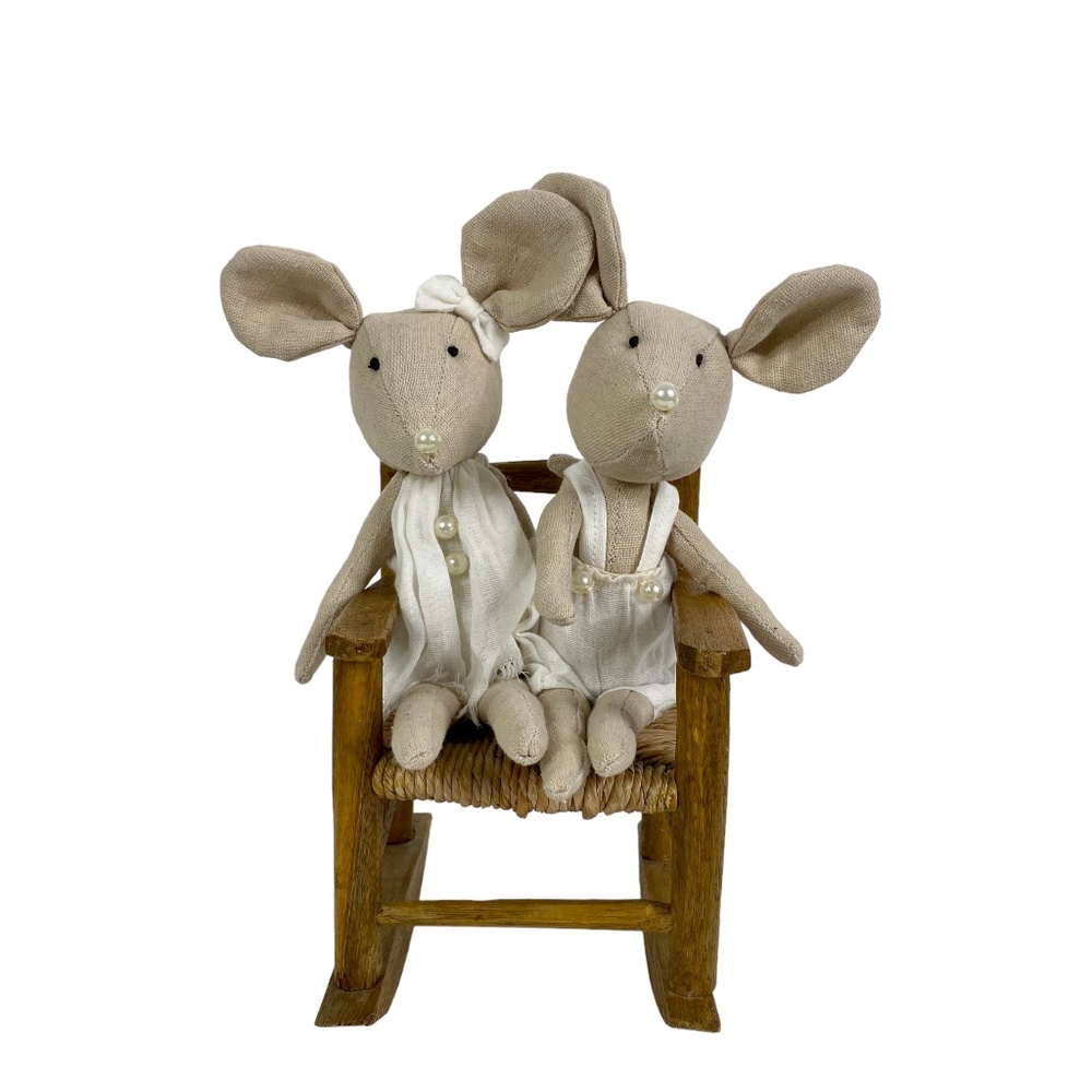 Neutral Decorative Mice Duo On Wooden Rocking Chair Handcrafted Kids Decor